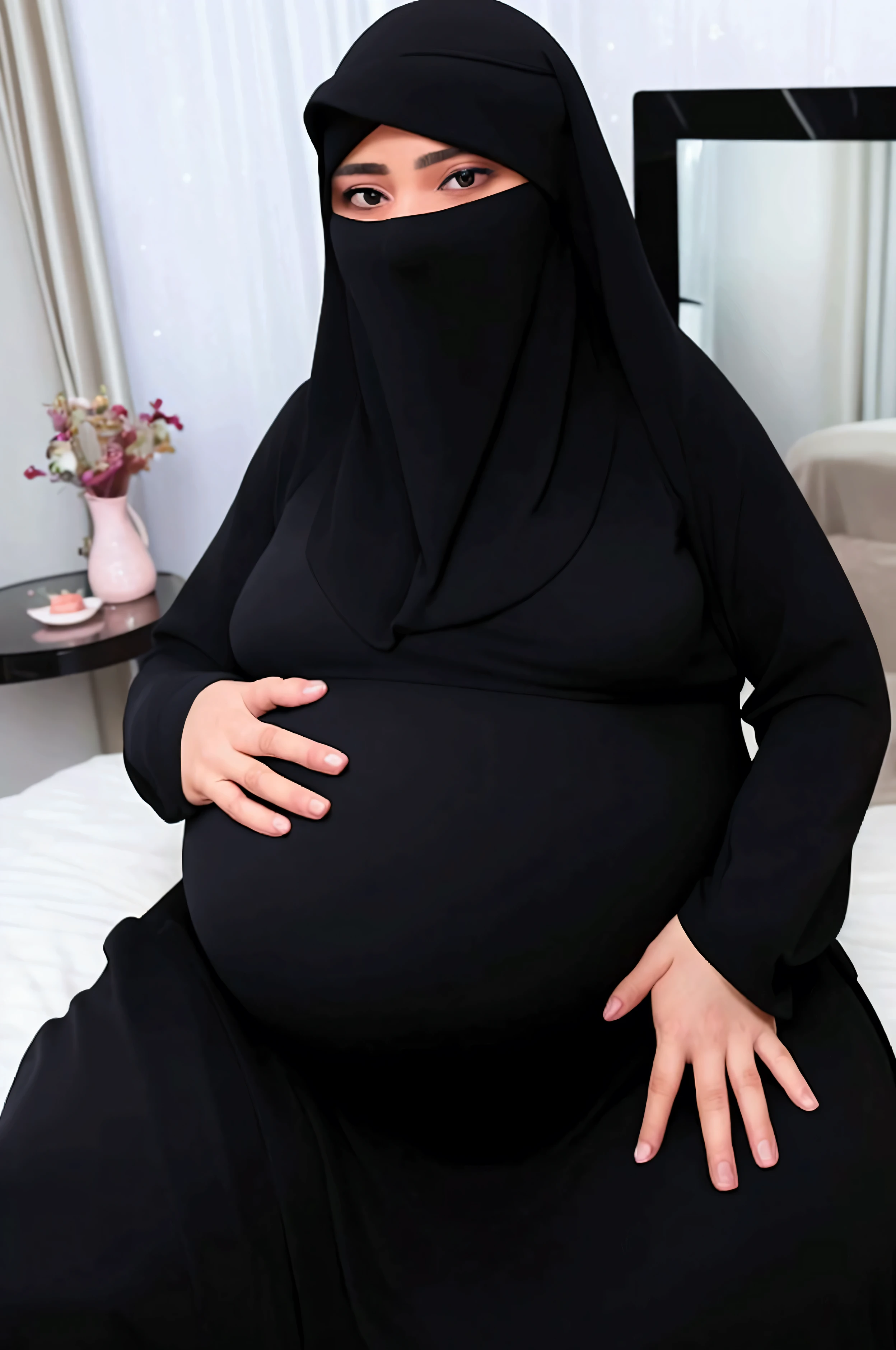 pregnant woman in black dress sitting on bed with hands on belly, pregnant belly, pregnant, her belly is fat and round, pregnancy, maternity feeling, sie boob, she has a jiggly fat round belly, serena malyon, belly exposed, ameera al-taweel, femme fetal, hijab, maternal photography 4 k, close body shot, fetus