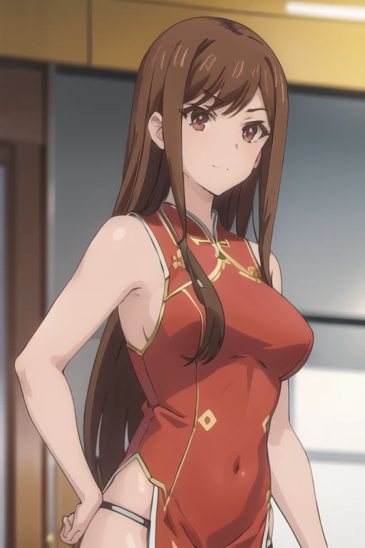 ayanedef, brown hair, brown eyes, long hair, Big Breasts,
looking at viewer, bow, sexy Red cheongsam slit, upper body, light smile, 
masterpiece, best quality,