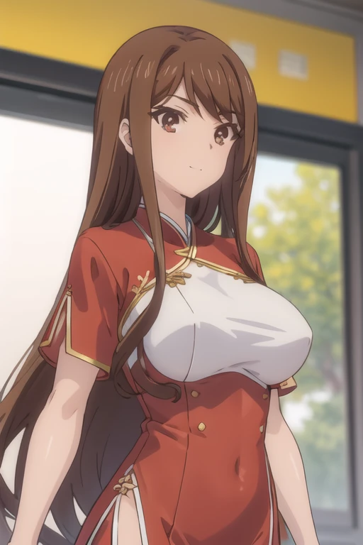 ayanedef, brown hair, brown eyes, long hair, Big Breasts,
looking at viewer, bow, sexy Red cheongsam slit, upper body, light smile,
masterpiece, best quality,