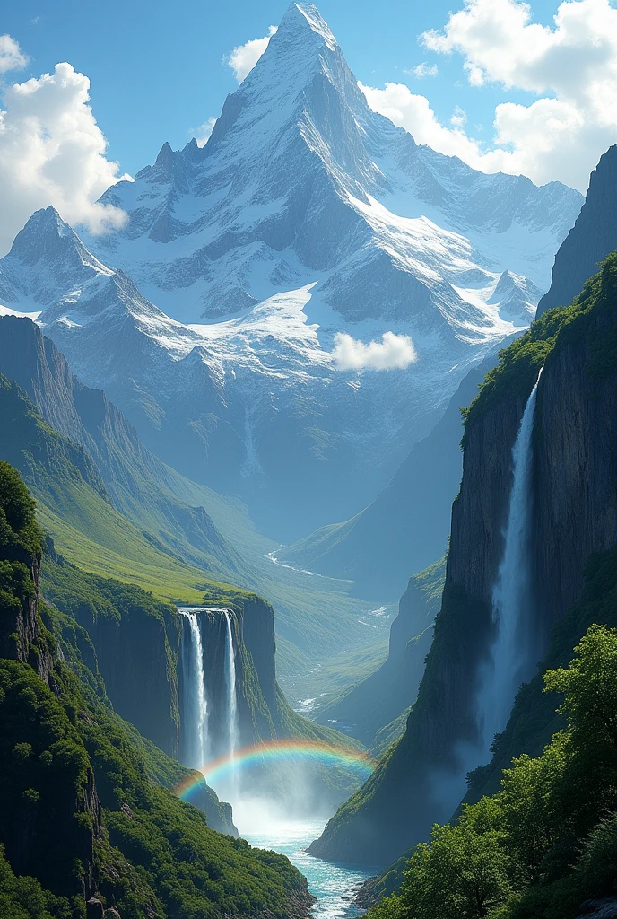super huge mountain、The Alps、Nice views、Wonderful nature、Fantasy、Huge waterfall、High resolution、Highest quality、masterpiece