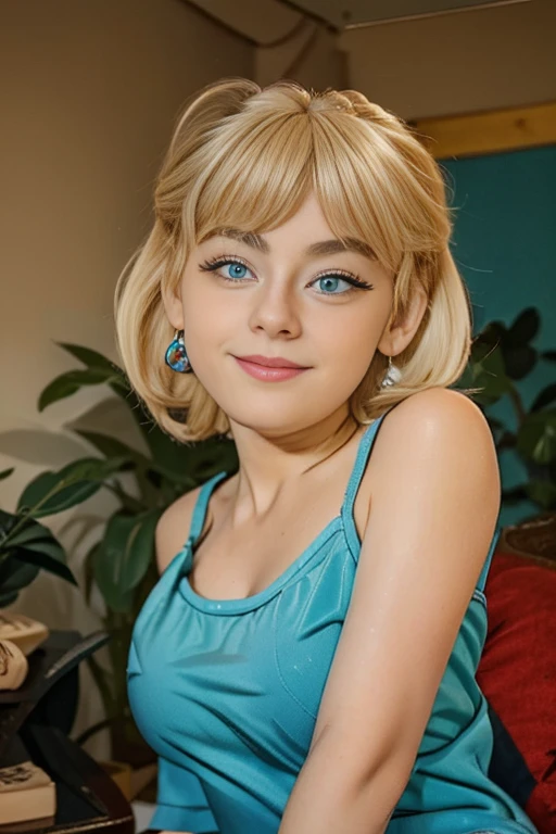 Blonde girl with short blonde hair , beautiful age girl, beautiful blonde girl, beautiful blonde girl, rubio, blonde teenoto of a beautiful teenagerice smile ,cute makeup , blue eye shadow , beautiful teenage girl7 year old , cute makeup , blue eye shadow , Red lips , sexy, beautiful body of teenage girl , Vd background , Inside the house , Living room , Full body photo , She is wearing a special sweater. It is dark blue with a picture of a wolf howling at the moon , hermosa modelo adolescente , senos grandes , maquillaje, pecas mejillas , Lori Loud , alegre , linda sonrisa