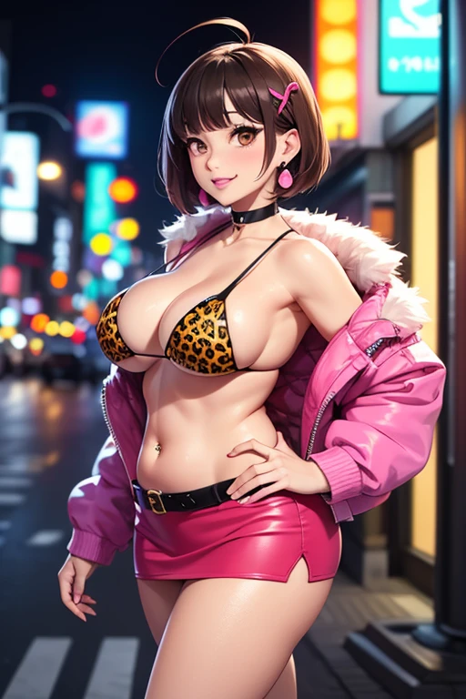 sauce_anime, ganguro, Improve, alone, One person, Yamamba, Make, Sunburn, , Mature Woman, Huge breasts, Wide Hips, Thick thighs, BREAK Improve mama, Blunt bangs, Hair Ribbon, Pink Short Hair, Wavy Hair, Ahoge, collar, choker, leopard print bikini top, Very tight bikini top, Fits perfectly to the skin, belly button, belly button piercing, Earrings, Earrings, black mini skirt, mini skirt, belt, Fishnet tights, fur-trimmed jacket, walk, Side view, Pink Lips, Brown eyes, Long eyelashes, Pink Eyeshadow,, View your viewers, throw, Outdoor, Tokyo \(city\), at night, Blurred Background, city lights, Neon Light,, bracelet, Captivating smile, collarbone, Tilt your head,