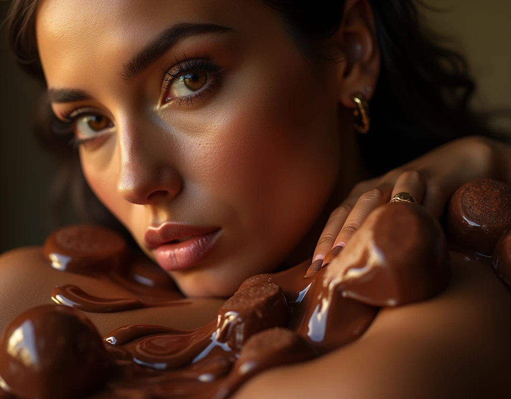 "Create a high-resolution, hyper-realistic image of a mesmerizing woman with an exotic look, surrounded by a selection of decadent, glossy chocolates. Some of the rich chocolate is artistically draped over her skin, creating a luxurious contrast. Her expression should be both inviting and sultry, with a pose that accentuates her elegant curves. The setting features soft, ambient lighting that highlights the sheen of both her skin and the chocolates. The overall mood should be a blend of sensual sophistication and indulgence, focusing on the allure of beauty and gourmet chocolate."
