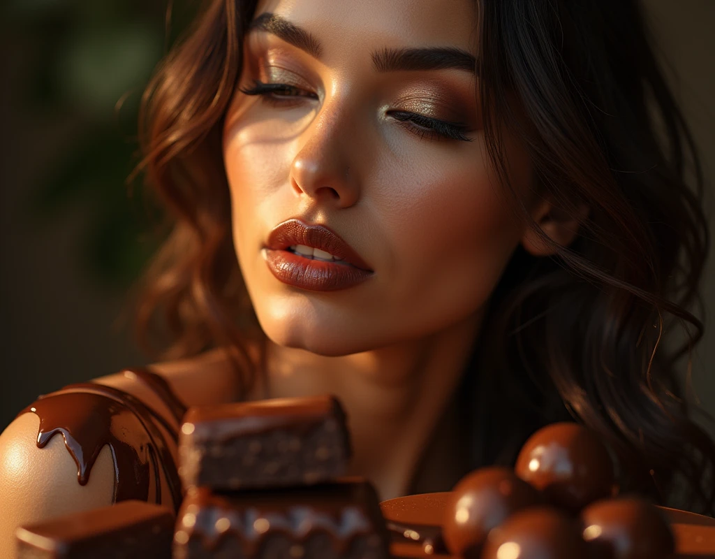 "Create a high-resolution, hyper-realistic image of a mesmerizing woman with an exotic look, surrounded by a selection of decadent, glossy chocolates. Some of the rich chocolate is artistically draped over her skin, creating a luxurious contrast. Her expression should be both inviting and sultry, with a pose that accentuates her elegant curves. The setting features soft, ambient lighting that highlights the sheen of both her skin and the chocolates. The overall mood should be a blend of sensual sophistication and indulgence, focusing on the allure of beauty and gourmet chocolate."