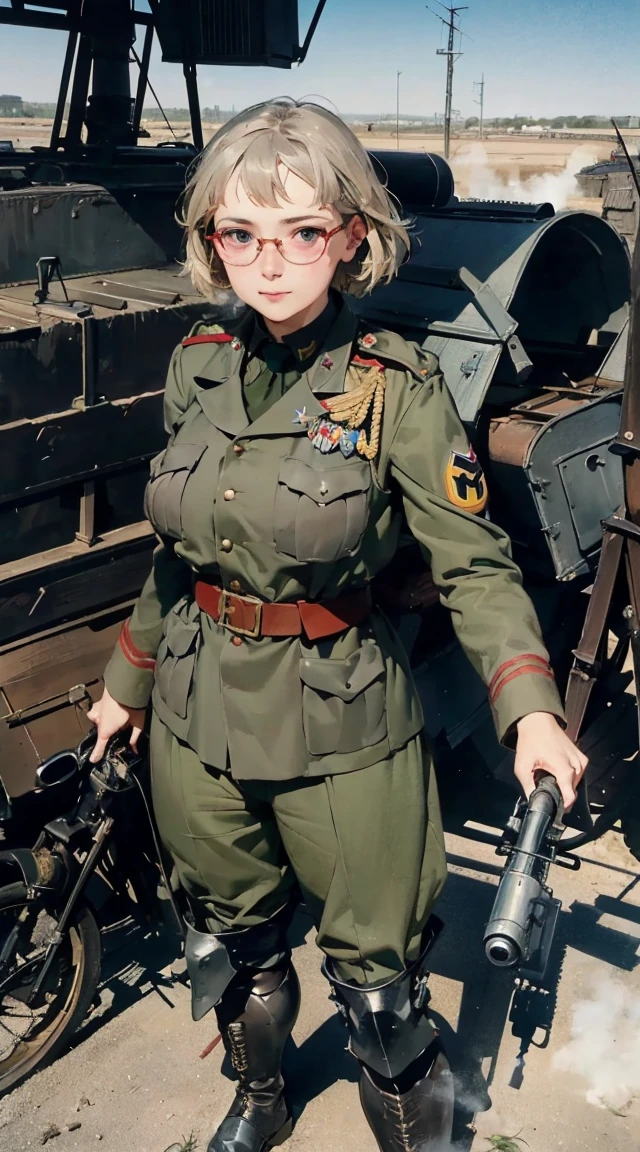 nsfw, anime screencap, 16K, perfect anatomy proportion body, perfect hands, action, A dynamic composition with a sense of speed and movement, (open cockpit, Ride a large steam engine military bike:1.6), a wife, 40age, perfect beautiful delicate sexy face, perfect beautiful delicate eyes, brown hair, short bob hair, gigantic , abs, Elaborate chainmail-clad, heavily armored steam-powered, midriff-baring powered suit, Many robot soldiers having a gunfight in the background, Flying bullets, Desert Battlefield, war, Post-apocalyptic,8k,Realistic Photo, Realistic Skin Texture, Superrealism, (WWⅡ-like mechanical suit:1.2), Beach of the Normandy Landing Operation、heavy weapons,vivid textures,animal legs, japanese female soldier,(ultra beautiful face),((super realistic all textures)), ((super intricate all details)), full body shot, ultra sharp photo result, Olive Drab color, scratch, Rust, weathering, steampunk, taken with Fuji film X-T30+Nokton. HDR10,Minimum of 4 pieces created (((masterpiece))), (((best quality))), ((ultra-detailed)), (illustration), (detailed light), ((an extremely delicate and beautiful)), (beautiful detailed eyes), (sunlight), blush, shy, gigantic breasts, uzaki, outdoors, dynamic pose, naked overalls bare shoulders bigass bighip、FUCK FUCKOFF sexlyroupa modesta, remote shooting, detailed beautiful delicate face, Detailed beautiful delicate eyes, perfect facial proportions, High definition skin, thin skin, best four inch aspect ratio. With a thumb, a masterpiece, highy detailed, Realistic, (German World War II general uniform reference : 1.8), the highest facial resolution, , modestly dressed woman, fully dressed, ( mic, blackquality hair, black bangs straight, super thin braids, bangs straight, Red glasses, dark green eye, science fiction, Fighter aircraft, standing On the landing of a Fighter aircraft, the agency, a deeply intelligent personality, A calm expression, a respectful face, a war, a Fighter aircraft