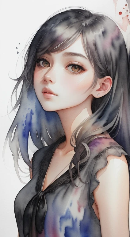 Make an image look like autumn.、(masterpiece)、(Highest quality:1.1)、Best illustrations、Familiar、(Watercolor:1.4)、 1 person,Upper Body、Portraiture、Gray Hair、black eye、Look straight here、Superior、blouse、Beautiful Face