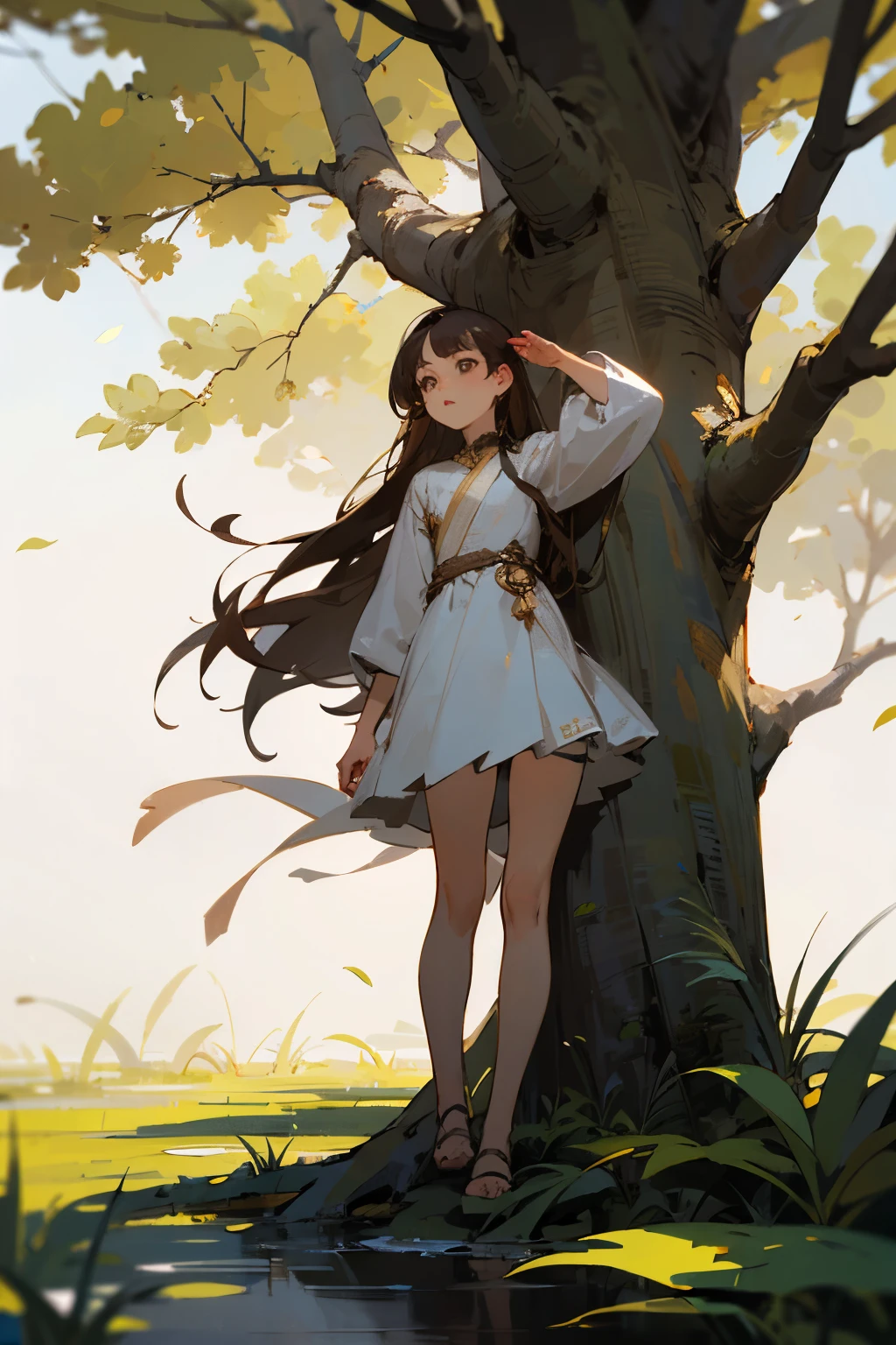 girl standing on the right side of the tree, far away, can see the background well, brown hair, brown eyes, long lashes