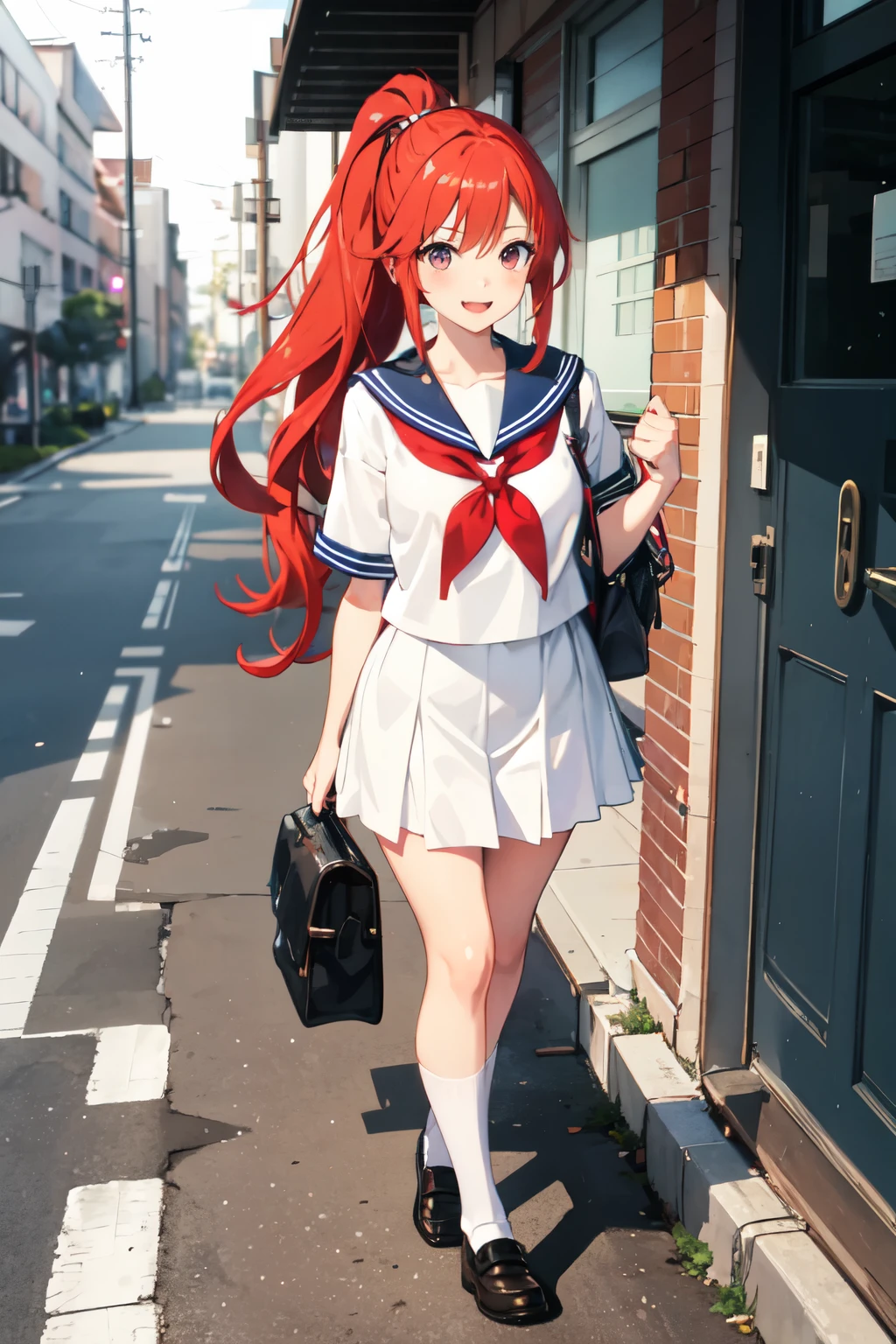 A cheerful anime girl with long, flowing red hair styled in a ponytail is walking home from school. She wears a sailor uniform.