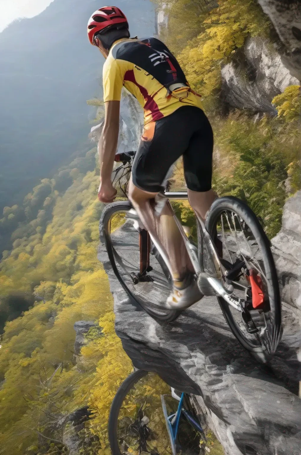 arafed man riding a bike on a rocky ledge above a valley, Climb the cliff, time to climb the mountain path, The Best of Adobe Stock, HD Footage, cycling!!, Over the Cliff, mountain bike helmet, riding, Motivate, Strike a pose for the camera, Looks realistic, riding a bike, bicycle in background, Tight Shot, bicycle, Mid shot of a photo