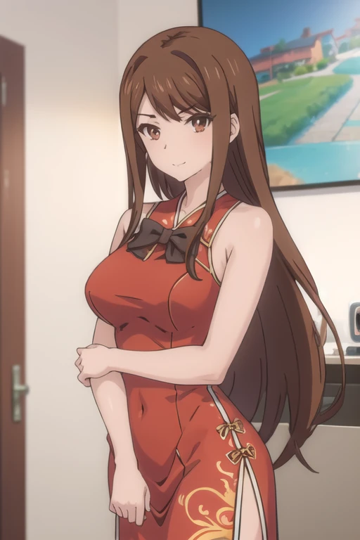 ayanedef, brown hair, brown eyes, long hair, Big Breasts,
looking at viewer, bow, sexy Red cheongsam slit, upper body, light smile, full body:1.5
masterpiece, best quality,