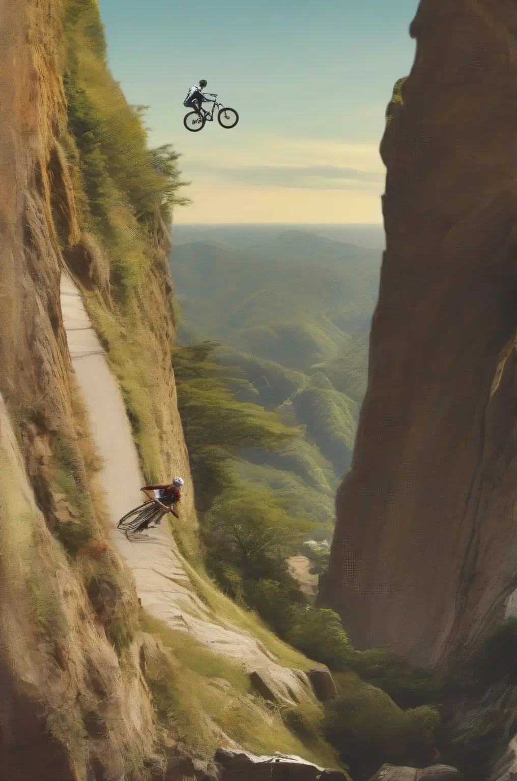 A man is riding his bicycle up a steep hill。, Magic Realism Matte Painting, Over the Cliff, Optimistic Matte Painting, inspired by Michael Komarck, Flat Matte Painting, Illustration Matte Painting, Downhill scenery, Dangerous cliffs, Between the canyons, amazing depth, Inspired by Jessica Rossi, Matte Painting, Organic Matte Painting, beeple and jean giraud
