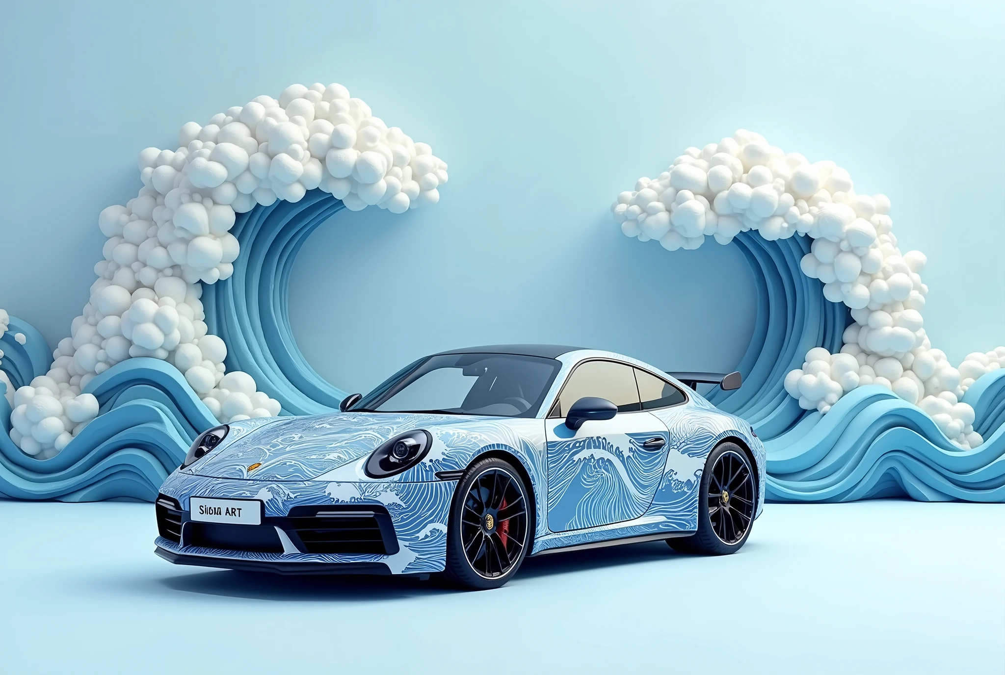 generate a stunning, minimalist scene featuring a Porsche 911 GTS, numberplate reads "Sigma Art", adorned with intricate Japanese wave art painted on thew car, inspired by Hokusai’s 'The Great Wave off Kanagawa.' The car’s livery seamlessly blends shades of deep blue and white, depicting elegant ocean waves rolling across its sleek body. In the background, a three-dimensional wave sculpture mirrors the car’s design, with soft paper-like textures giving it an artistic and surreal quality. The scene is set against a clean, light blue background with a few fluffy white clouds at the top, allowing the detailed artwork to take center stage, while the car’s powerful form remains sharp and striking.