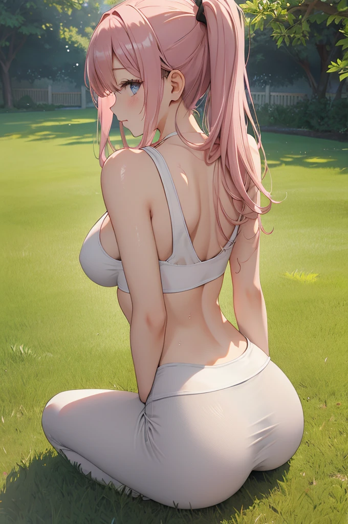 NSFW:1.9、8k,Highly detailed CG unit wallpaper,masterpiece:1.2,Highest quality,Ultra-high resolution,RAW Photos,20 year old beautiful girl、Medium Breast、Pink Hair、Long Hair、Cute like an idol、Beautiful eyes、my body is wet with milk,Cinema Lighting,White tank top,Grey leggings,BREAK,On the grass、BREAK,garden、wood、Grass、road、Daytime,BREAK,from behind,from back,BREAK,Sweating、Wet with sweat、BREAK,On all fours、