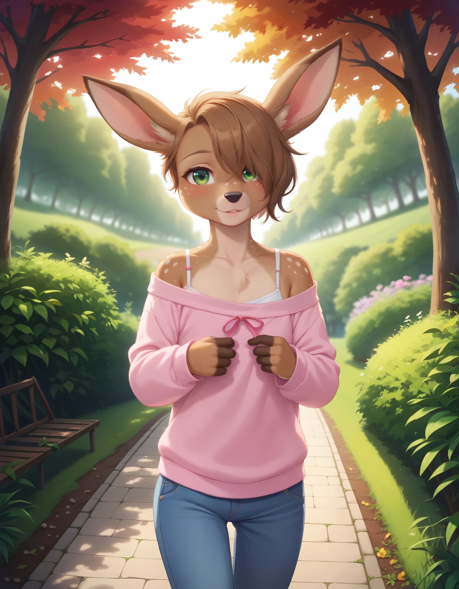 Solo, 1girl, female, lotte, deer girl, furry female, body fur, animal nose, snout, animal ears, green eyes, brown hair, short hair, freckles, cute face, perfect anatomy, detailed skin, detailed eyes, perfect hands, perfect face, flat chest, hair over one eye, BREAK sweater, long sleeves, off-shoulder shirt, pants, BREAK outdoors, park, colorful, sunset, looking at viewer, dutch angle, BREAK ((ultra-detailed)), ((best quality)), ((best quality)), ((beautiful eyes)), ((extremely detailed)), 4K, (8K), best quality, (beautiful), Master piece, highres, score_9, score_8_up, score_7_up, colorful, best quality, official art, highres, masterpiece, nai3, god light, detailed background, high quality background, very aesthetic, absurdres, 