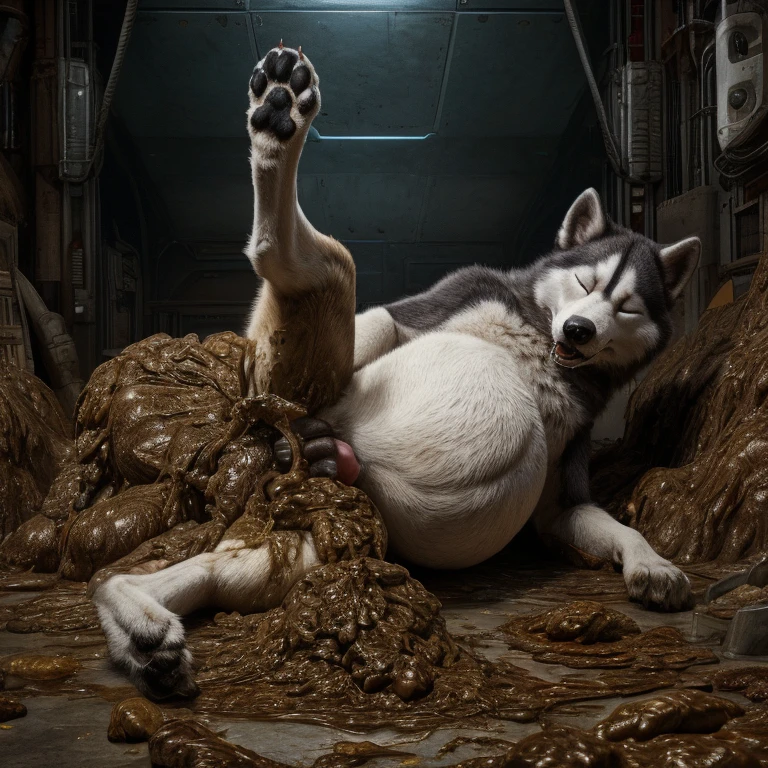 A hyper realistic, ultra detailed image of a husky, fat, (((((feral, husky, solo, raised leg, eyes closed, huge belly, canine penis, excessive urine))))), realistic, detailed background, (saliva:0.8), on a klingon star ship, freighter. ((((hyper canine penis, feral standing with raised leg, hyper balls, feral, excessive anal scat, spreading legs, excessive hyper anal feces))))