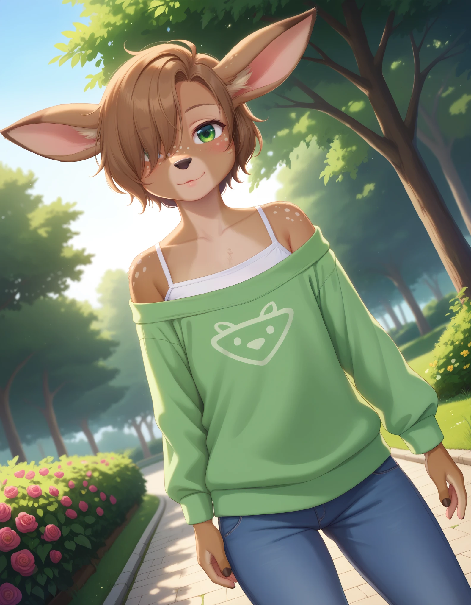 Solo, 1girl, female, lotte, deer girl, furry female, body fur, animal nose, snout, animal ears, green eyes, brown hair, short hair, freckles, cute face, perfect anatomy, detailed skin, detailed eyes, perfect hands, perfect face, flat chest, hair over one eye, BREAK sweater, long sleeves, off-shoulder shirt, pants, BREAK outdoors, park, colorful, sunset, looking at viewer, dutch angle, BREAK ((ultra-detailed)), ((best quality)), ((best quality)), ((beautiful eyes)), ((extremely detailed)), 4K, (8K), best quality, (beautiful), Master piece, highres, score_9, score_8_up, score_7_up, colorful, best quality, official art, highres, masterpiece, nai3, god light, detailed background, high quality background, very aesthetic, absurdres, 