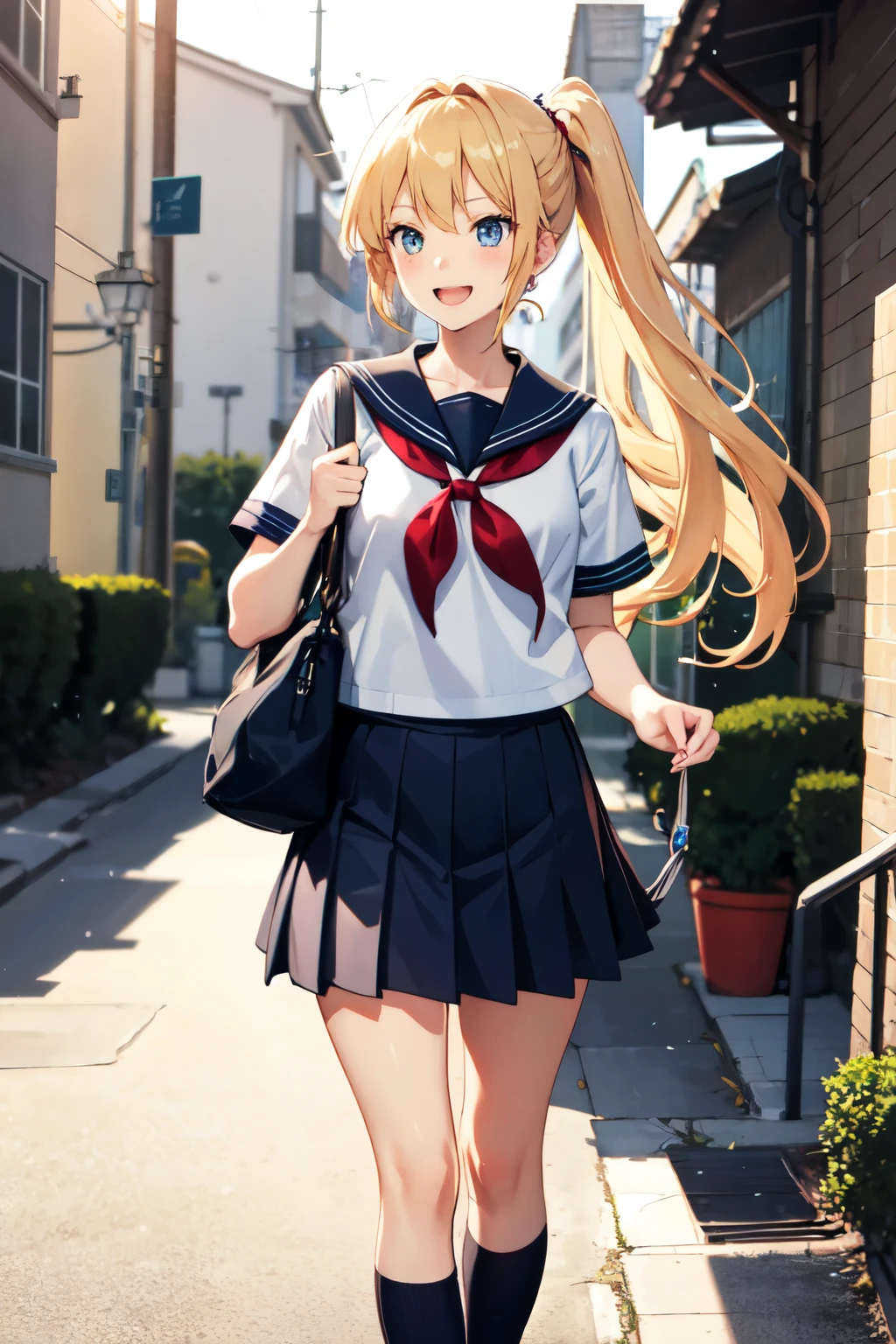 A cheerful anime girl with long, flowing blonde hair styled in a ponytail is walking home from school. She wears a sailor uniform.