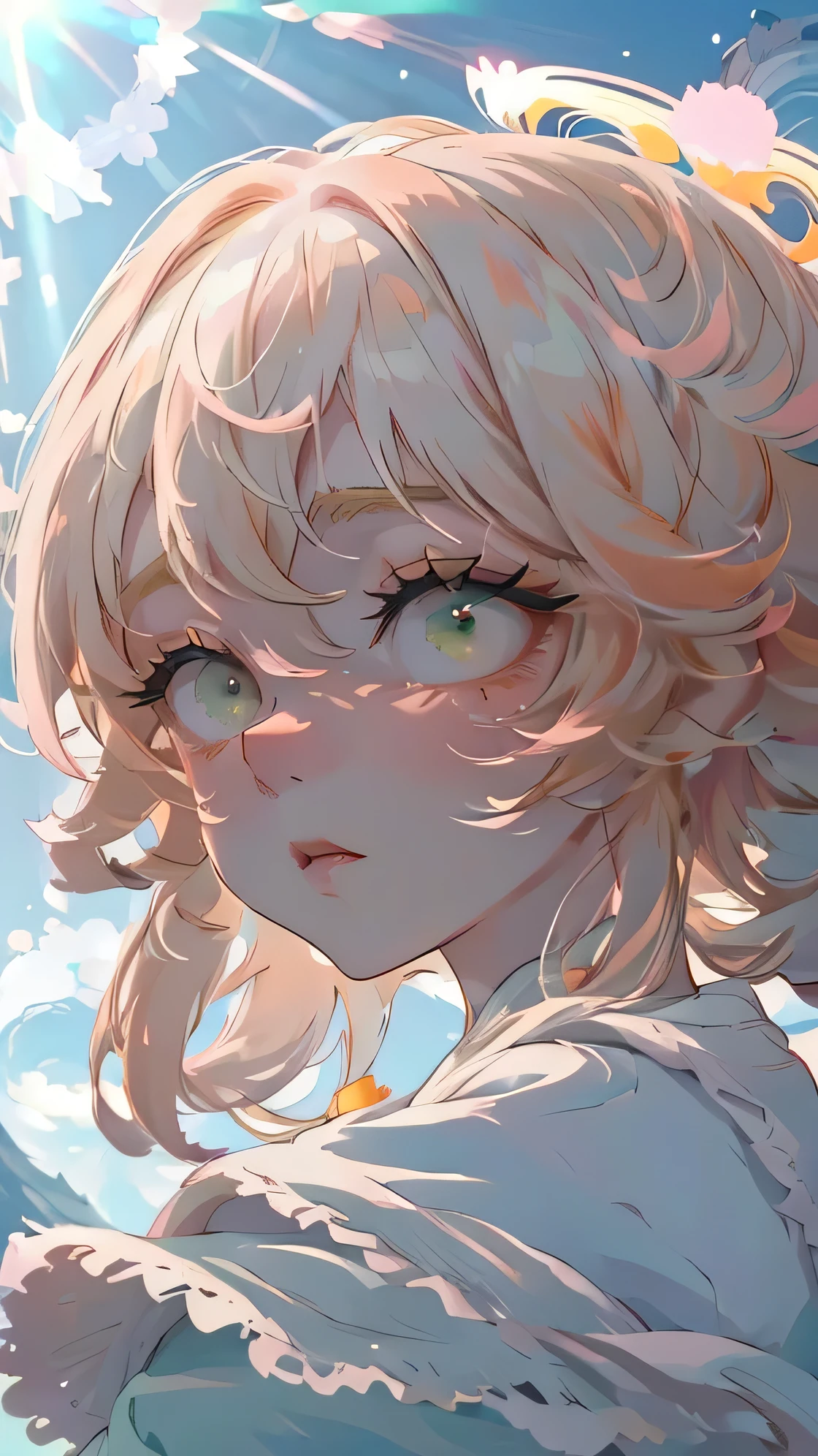 (high quality) (best quality) (a woman) (correct physiognomy) (perfect students) (perfect eyes) anime woman, long fluffy deep orange hair, green eyes, sensitive lips, feminine appearance, soft facial features, eyebrows thin, soft skin, rosy cheeks, pink lips, silky eyelashes, dreamy expression, middle age, in the middle of nature, cute anime animation style, photo illuminated by sunlight,
