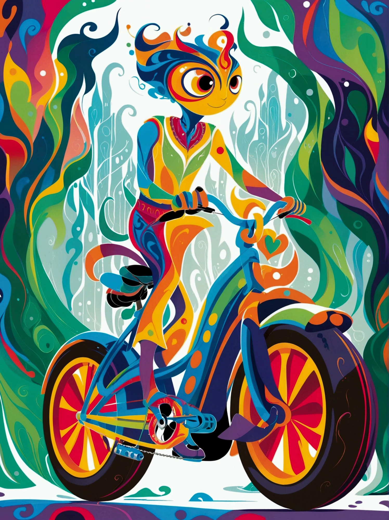([negative space:0.8:1.5]), a Bicycle, colorful cartoon-style illustration from an award winning animated movie, illustrated in bold outlines, showcasing its colors and shapes. The character is depicted adorned colorful energy against a white background, [mythical creature:0.8]