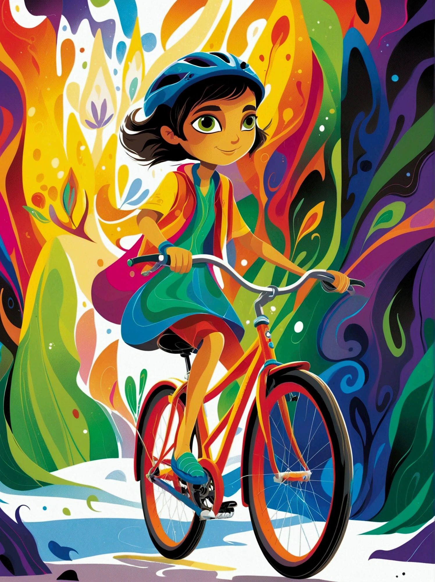 ([negative space:0.8:1.5]), a Bicycle, colorful cartoon-style illustration from an award winning animated movie, illustrated in bold outlines, showcasing its colors and shapes. The character is depicted adorned colorful energy against a white background, [mythical creature:0.8]