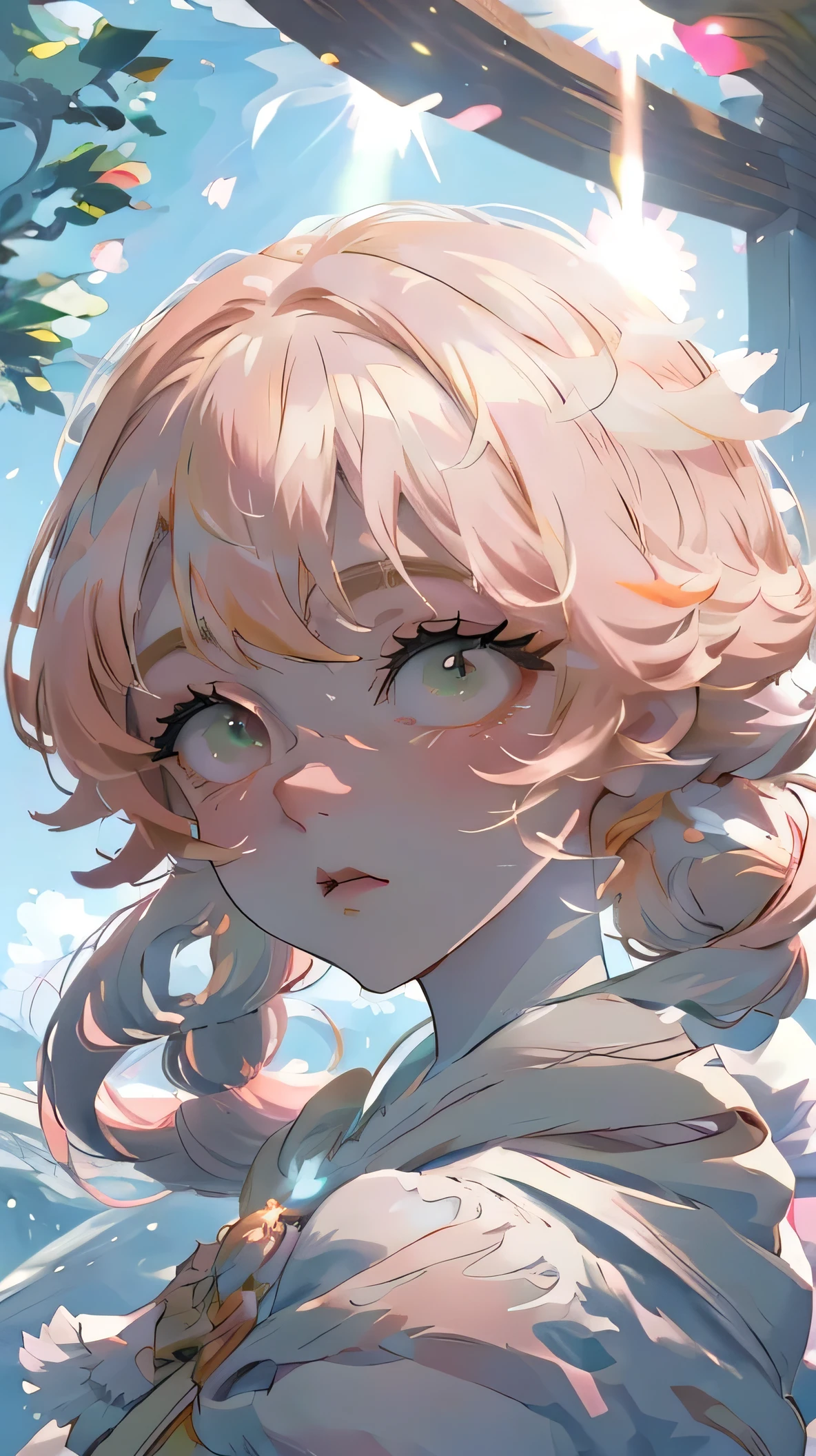 (high quality) (best quality) (a woman) (correct physiognomy) (perfect students) (perfect eyes) anime woman, long fluffy deep orange hair, green eyes, sensitive lips, feminine appearance, soft facial features, eyebrows thin, soft skin, rosy cheeks, pink lips, silky eyelashes, dreamy expression, middle age, in the middle of nature, cute anime animation style, photo illuminated by sunlight,