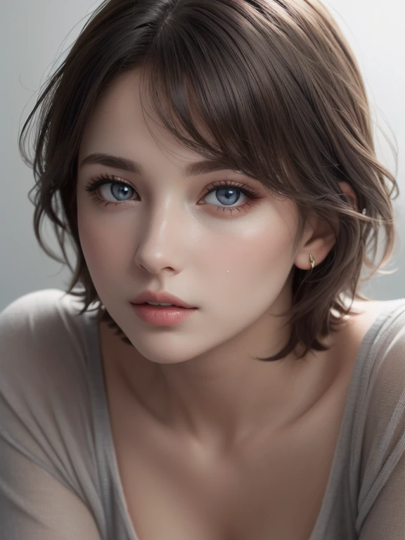 8K UHD、RAWphotograph、Model photo shoot、 (masterpiece, highest quality, photorealistic, High resolution, photograph: 1.3), Close-up, Focusing, hot models, slim, 30 year old mature woman、small face、short cut hair、dark brown hair、Detailed beautiful eyes、Real skin, (perfect body), hot face, erotic, Sexual gaze, slim, Sweat top, Detailed beautiful eyes、glossy lips、small breasts、、bust B cup、((bright light、dynamic lighting、real、超real、 Realism、realistic details、Cool Beauty、cool pose、sexytume、background gray、Plain gray background