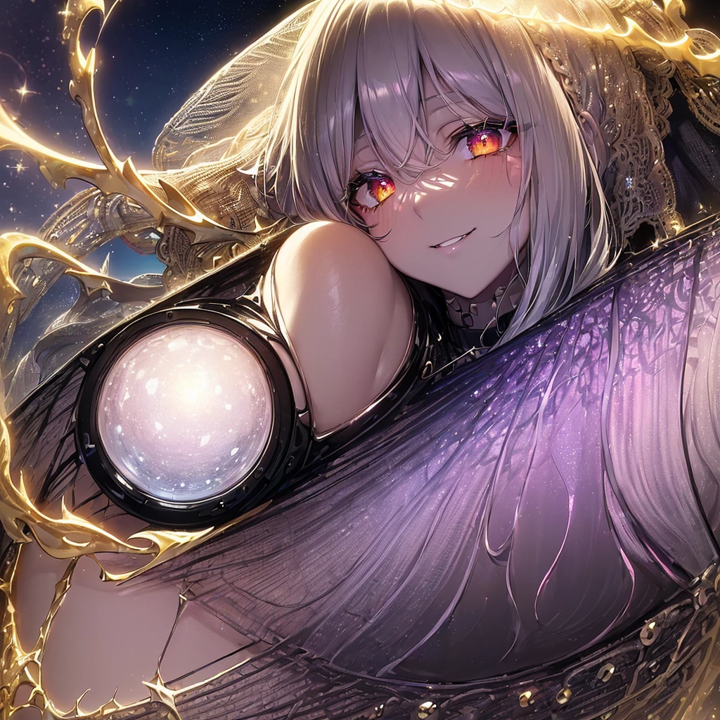 Dark Focus ,(((horror art:1.5, terrorism, creepy:1.5, Blood, blood eyes:1.5)))、 (Dark gradient watercolor :1.5, Lens Flare:1.5 , Glitter :1.5),full body Esbian、monstergirl、Glow , Dreamy , Dark background、Grid illusion, Colorful, girl、(((Ruin background:1.5,Psychic in the background:1.5))),((extremely detailed eye:1.5)),{{{Ultra 8K resolution}}},((masutepiece, of the highest quality, Beautiful and aesthetic: 1.2)),{{hyper detailed masterpiece: 1.7}}, {{Cinematic lighting}},(The hair Transparency:1.5),(dark hue:1.5,Dark Tone,Big aurora background in the dark:1.5、The Darkness:1.5,Cold reflection:1.5,the edges of the object are reflected in purple:1.5) 、(Golden ratio: 1.2), (Full body: 1.2), (Super Detail: 1.3), (girl with: 1.3), (Fractal Art: 1.3), {{{Glitter Pupil:1.25}}}) , ((Half purple and half black cat hair:1.5,Shiny hair: 1.2)), (Heterochromia), (full body Esbian), (Hyper-detailing), ((delicate detail)), (intricate-detail), ((Cinematic Light, Highest quality backlight)), High contrast, {{{The best lighting, Very delicate and beautiful}}}, (( Cinematic Light)), (ray trace reflection, Glow), (((glowing aura)), {{{Glowing hair:1.25}}}, ((Super Detail)), (8K)), ((a closeup)), ((Brown skin)), ((Seductive smile)) ,((high angle full body shot)), (Full body:1.2)