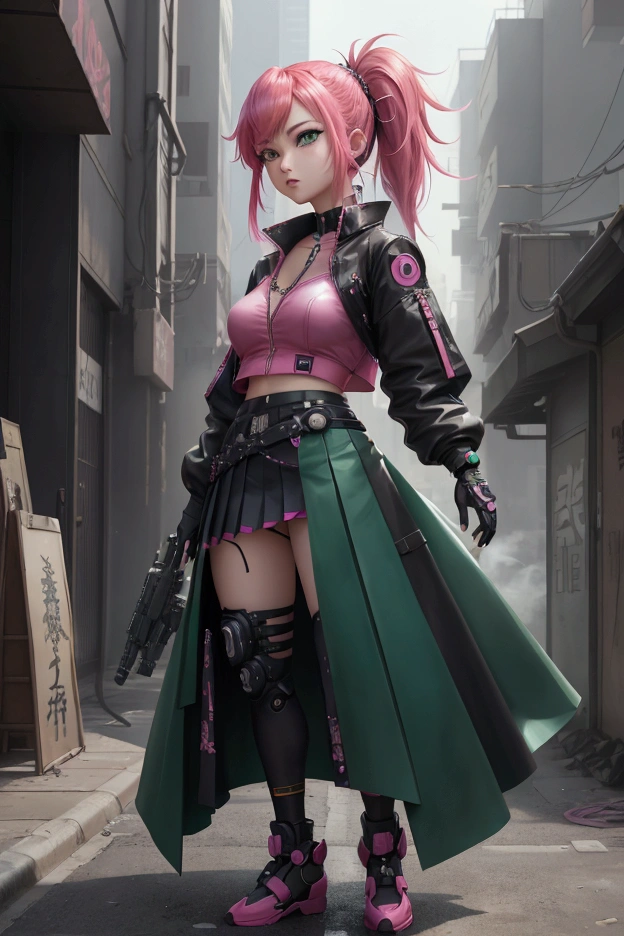 バニー耳とpinkの服を着たアニメのが通りを歩いている, artwork in the style of Gwaiz, digital Cyberpunk anime art, Gwaiz, Cyberpunk anime, Digital Cyberpunk - Anime Art, Gwaiz on pixiv artstation, anime cyberpunk art, Gwaiz on artstation pixiv, Cyberpunk anime art, Anime Style. 8k,whole body、feet,Inverted Pleated Skirt,Vibrant, Elegant, Punk Hairstyle in Side Cut, Looking at the audience, Dynamic pose, Blowing, Ammunition belt, gloves, Long Shot: 1.6, Unreal Engine: 1.4, Dreamlike Bubble Shadows, Ultra-Real CG K, Realistic :1.4, Skin Texture: 1.4, 若い女性のwhole bodyのアートワーク: 1.5, Redhead, green Eyes, Fuller lips, Oborozukiyo, Sensual smile: 1.5, Elegantな, Very detailed: 1.4, More detailed, Optical Mix, Playful patterns, Animated textures, Unique visual effects, pinkのレザーミニスカート, mist, pinkのジャケット, masterpiece, Gloss, Ruins Background and Junk, color, cyan, Gyuun Ryuzu, green, pink, 茶color: 1.2, 8k リアルなデジタルアート, 32K, masterpiece, Ultra-high resolution,