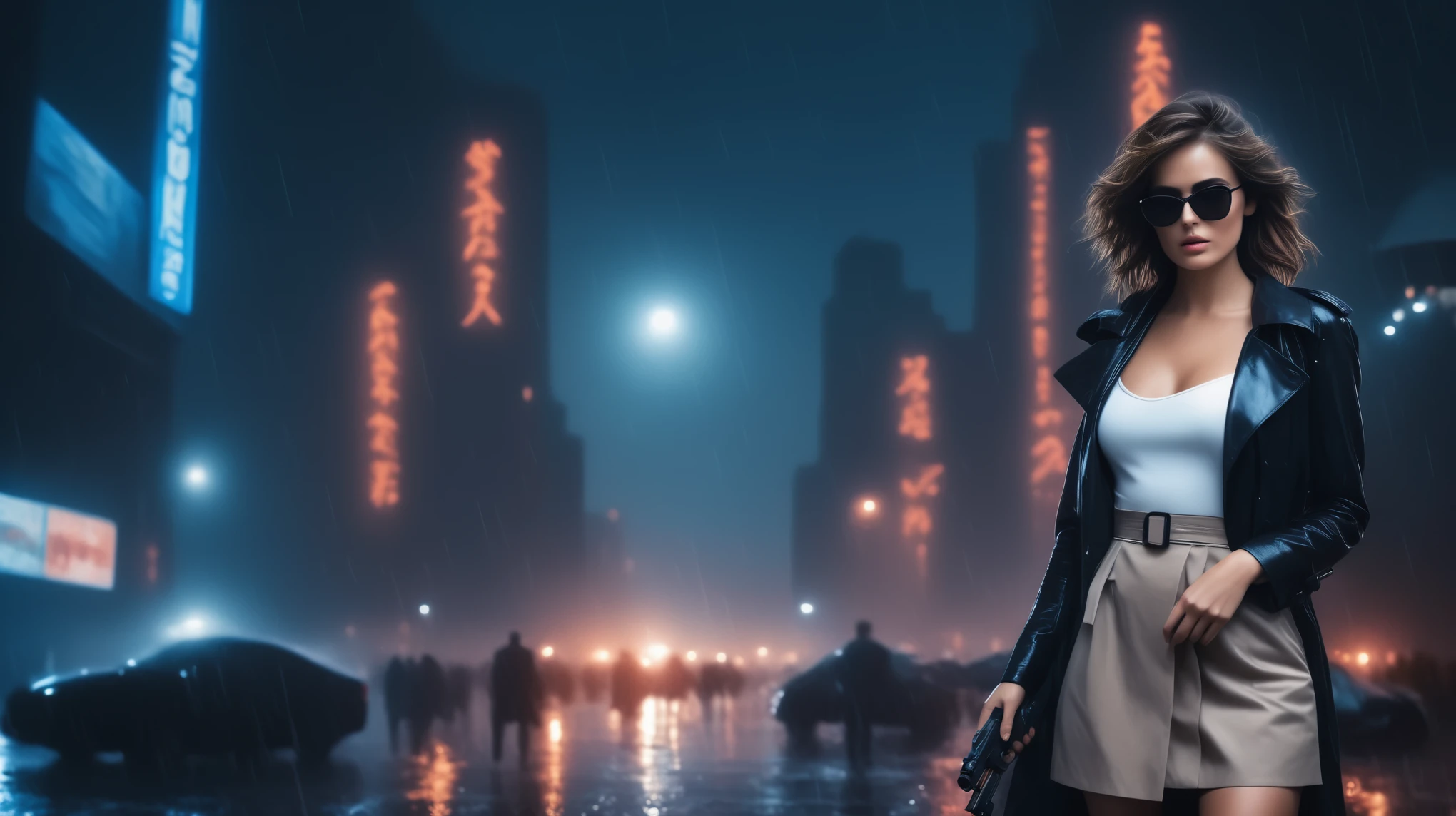 (Hyper-realistic photograph:1.4), Captivating scene under the rain at night on a rooftop, a sexy slim woman, large breast cleavage, with short brown hair, three-quarters view, Black trench coat, (black sunglasses, holding a short gun), with a dark rainy city landscape in background, blue eyes, photography style, (half-body shot:1.3), (contemplative expression:1.2),(well-lit:1.2) Extremely Realistic, serendipity art, (sharp focus:1.3), intricate details, highly detailed, by God himself, original shot, masterpiece, detailed and intricate, Movie Still, guttojugg1