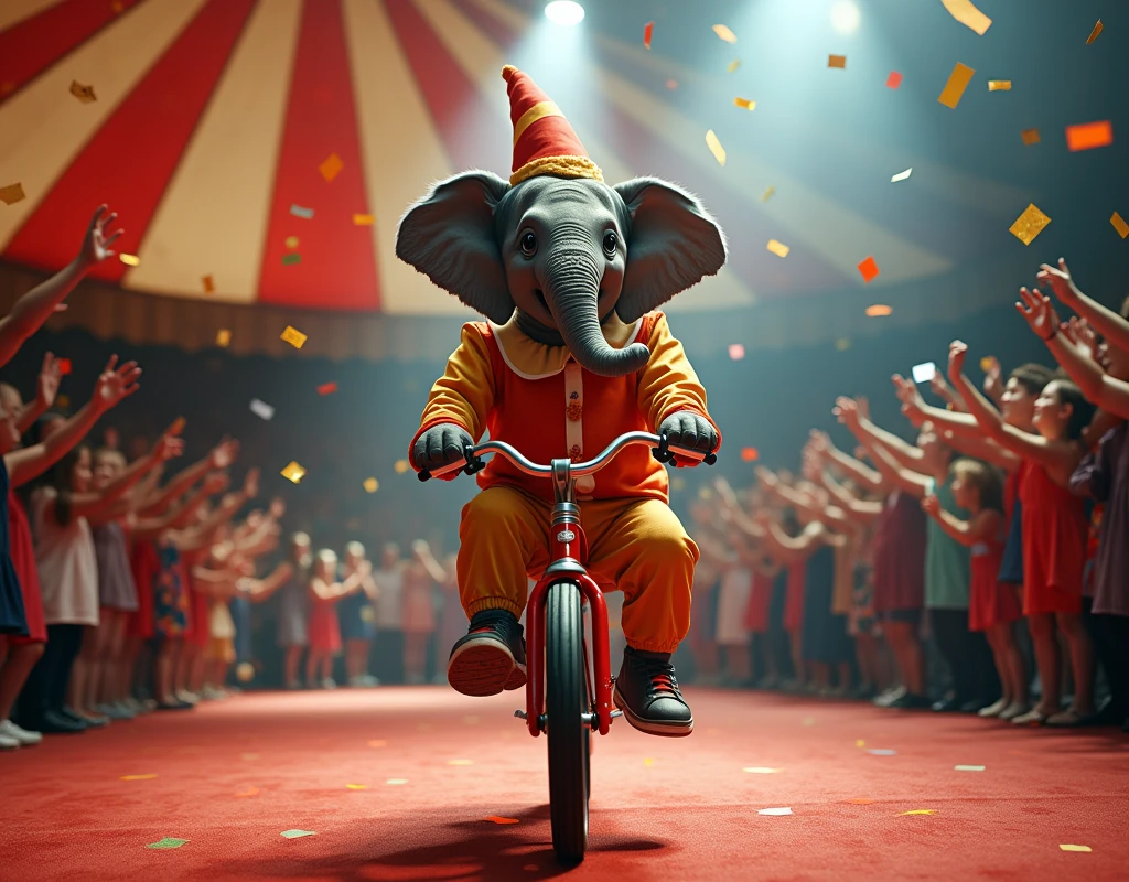 circus scenery, elephant Riding a Bicycle, wearing clown costume ,spot lighting, audience in circus tent background,
Confetti is falling