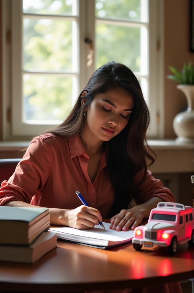 Make an image of a very beautyful girl IAS aspirant SYTUDYING FOR EXAM. SHE IS SITTING ON A CHAIR AND THERE IS A TABLE ON WHICH MANY BOOKS ARE KEPT SYSTEMATICALLY. THERE IS A TOY CAR OF IAS WITH RED LIGHTS