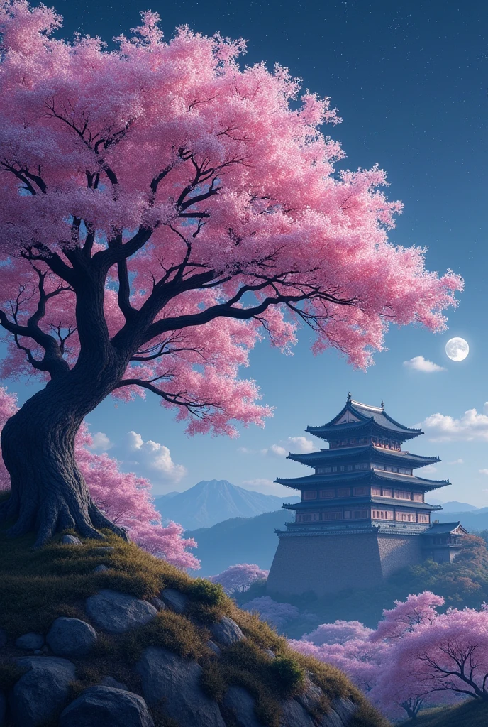 A ginormous cherry blossom tree with lots of cherry blossoms on a small hill.
An ancient korean palace in the background behind the big cherry blossom tree at night, dark sky with bright stars