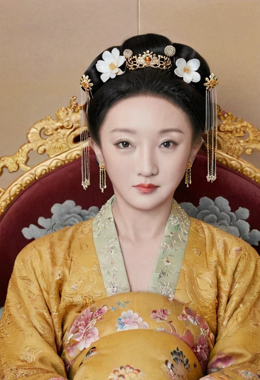 From the pre-Qing period, The Empress sits naked on a large golden sofa in the palace, Her legs were spread, At the Chinese court during the Qing Dynasty, Empress of the Qing Dynasty, Wearing the great crown of the Chinese Empress, Belly and thighs visible from below.。She is completely naked, Showing off gorgeous large flowers and hairpins, She tied her hair up and pulled it up, 背景はEmpress of the Qing Dynastyの豪華な宮殿.