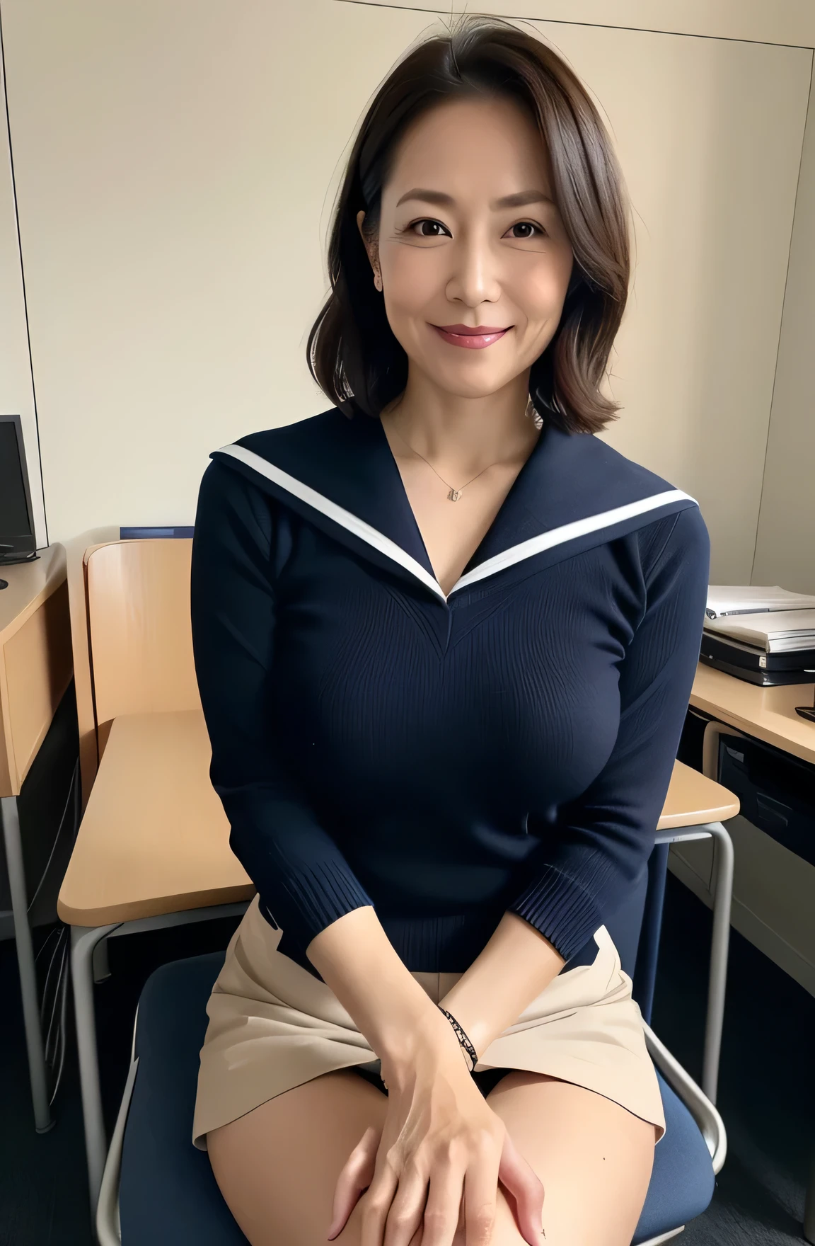 masutepiece, Best Quality, Photorealsitic, 4K, JapaneseA MILF, (solo), (((50 years old))), (Wrinkles at the corners of the eyes:1.5), (nasolabial folds:1.5), ((Large breasts)), (Saggy udder), A MILF, glamor, A sexy, Chromo-white skin, Wavy long black hair, Looking at Viewer, (((my skin is old))), ((muscles are old)), Super large udder, {white and navy sailor, uniform, neckerchief, Dark blue pleated skirt,a miniskirt}, lowfers, ssmile,Classroom, (sitting at the desk), (((opening legs))),