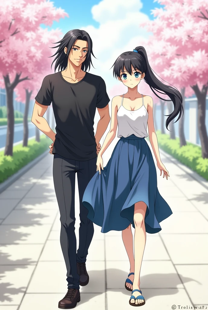 A guy with long black hair, hands behind head, Beautiful face, grey eyes, beautiful body, Black T-shirt, black trousers, hands in pockets, walking with a girl with long black hair pulled back in a ponytail, Blue eyes, beautiful body, a long blue skirt, a white tank top, anime art, realistically, masterpiece, Best quality, detailing