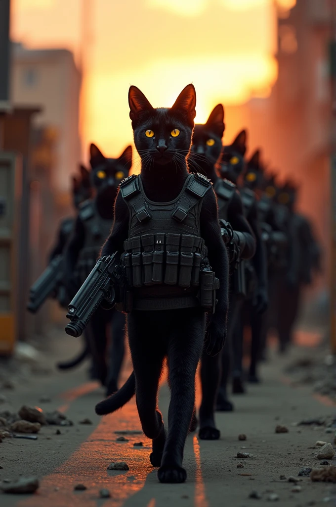 Create an image of black cats marching in a military formation, wearing tactical gear and carrying rifles."