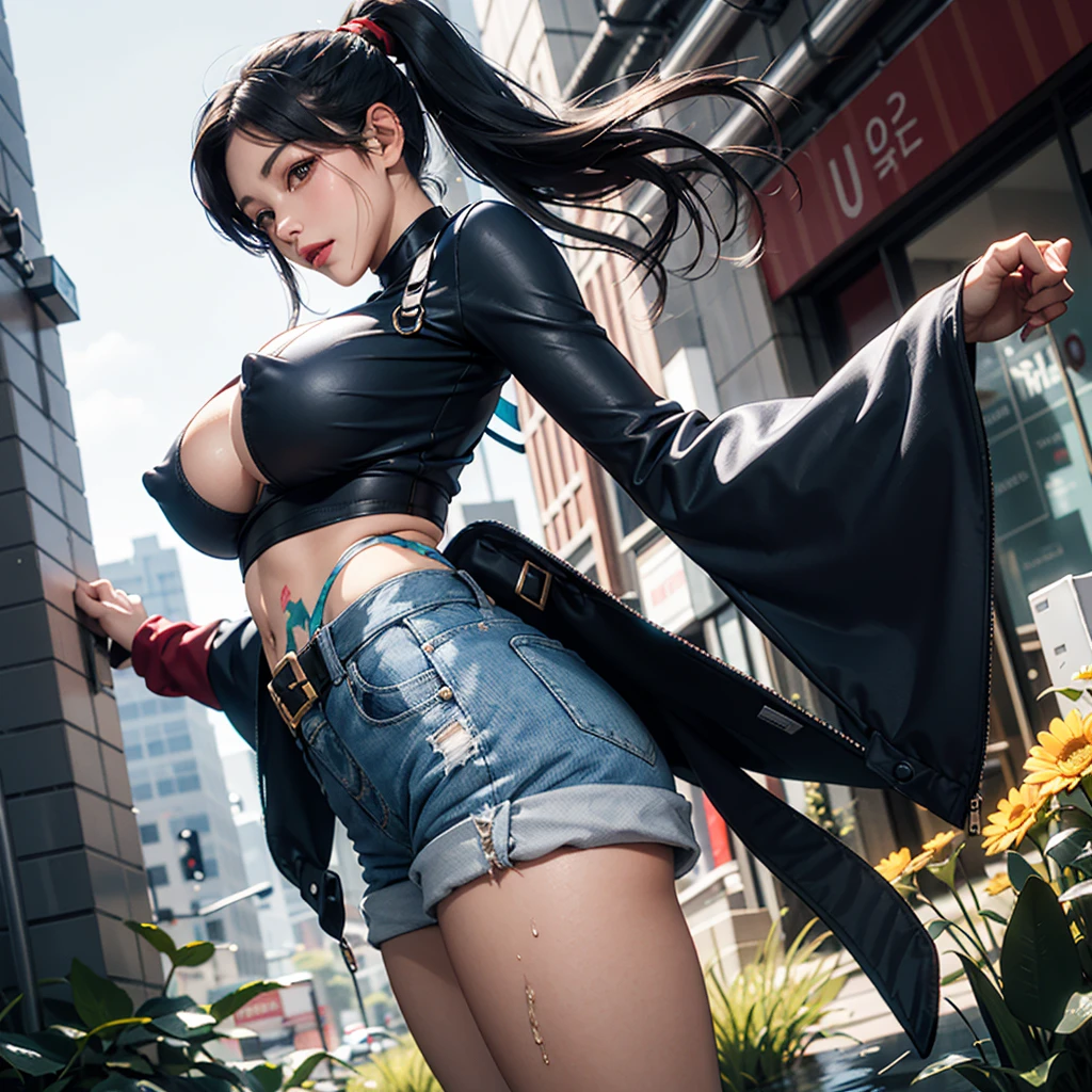 ((best quality)), (detailed), 1 korean women, 8k_wallpaper, extremely detailed eyes, (large masterpiece digital art), (intricate details:1.3 ), (ultra-detailed:1.3), (sharp focus:1.3), (natural lighting:1.05), (vivid colors:1.3), (best quality:1.4), expressive eyes, full body, detailed face, beautiful korean face, perfect face, ((lush thick and curly hair tied with a blue ribbon in a tousled ponytail)), (red korean eyes), {{dark skin}}, ({dark skinned female}), big breasts, huge chest, powerful relief muscles of the abdomen and legs, powerful strong muscles of the arms, mid-range pelvis and big ass, cruel predatory and cold-blooded arrogant look and smile, an open red coat with rolled up sleeves, composition coat open to the waist with rolled up sleeves, a silk yellow crop top through the fabric of which the faint outlines of huge large pointed nipples with large openings of the mammary glands are visible, a wide velvet orange belt with a large gold buckle, denim mini-shorts through which the outlines of a large open and wet vagina are visible, leather gloves, a hiking backpack, a walk along the street of a ruined city overgrown with grass and blooming flowers, in cyberpunk style.