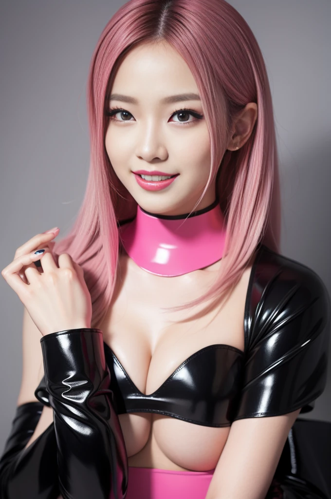nsfw、sexy asian fashion model、glossy lipstick、smiling face、defined eyebrows、ultra detailed drama makeup、long lashes、full body Esbian、ultra detailed latex business dress(neon pink)、latex choker、latex bracelets、Colorful hair