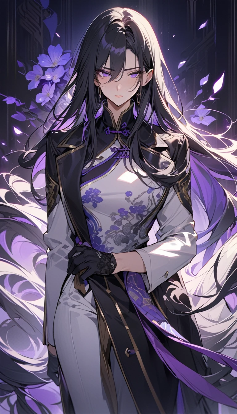 (masterpiece:1.5),best quality,Solitary,Black Hair,(Long hair:1.5), (Purple Eyes), (Cold expression),Perfect face,Fantasy Chinese style,Long black trench coat,Purple cloth,Complex clothing designs with Chinese elements,Black leather gloves,White lining,White suit pants,Slightly muscular body,High target,8K,Beautiful contrast of light and shadow,Purple flowers,Dark luxury background,(Complete upper body),Positive appearance,Handsome girl