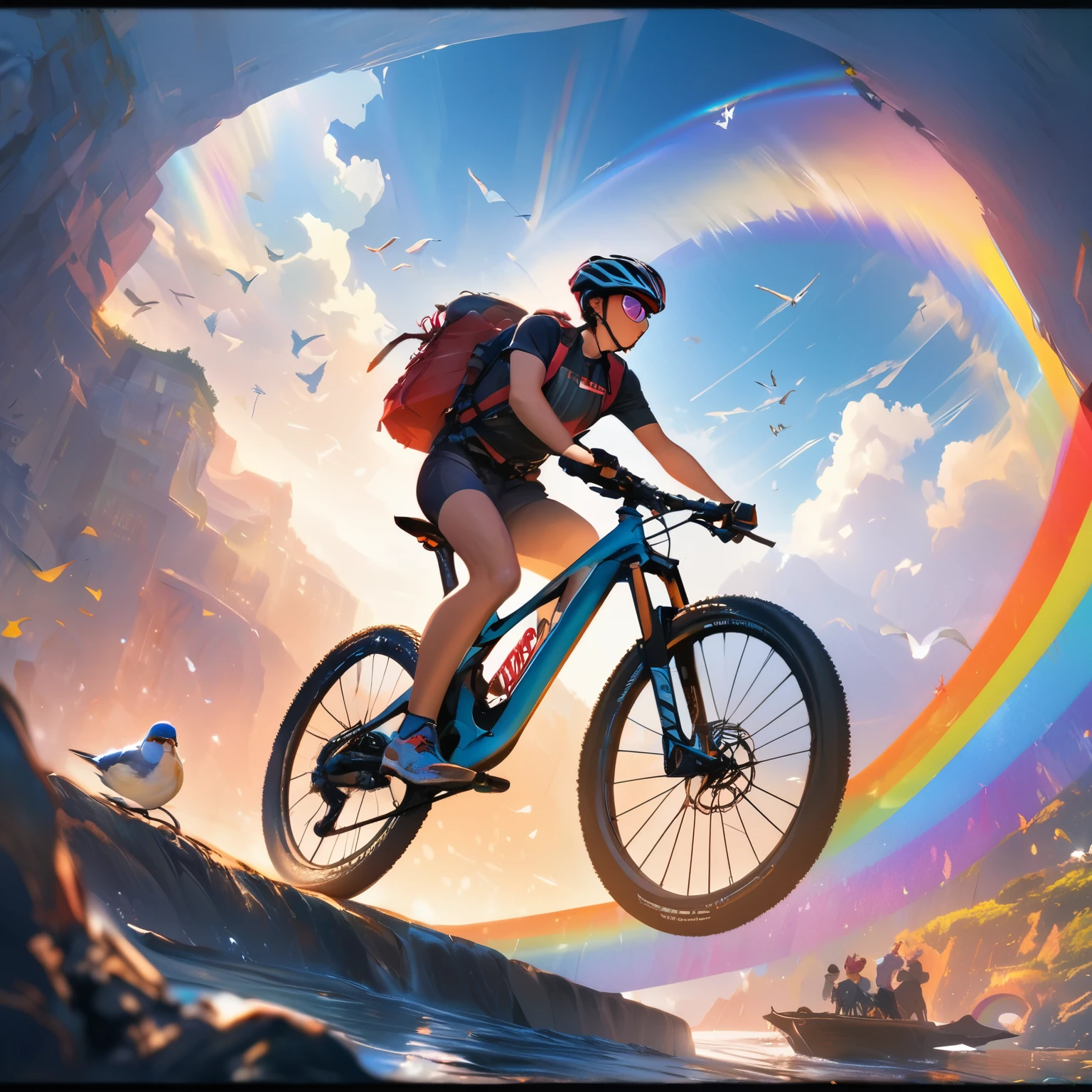 (best quality,8k,highres, masterpiece:1.2), ultra-detailed, HDR, UHD, studio lighting, ultra-fine painting, sharp focus, physically-based rendering, extreme detail description, professional, vivid colors, bokeh, portraits, concept artists, warm color palette, dramatic lighting,Idyllic landscape, with a large rainbow arch in the sky, humans riding bicycles on the rainbow, birds flying around,