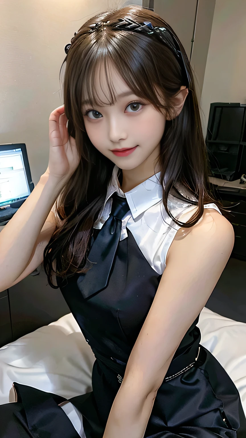 Masterpiece, best quality, Twichjang, Hair clips, hair accessories, collar shirt, Sleeveless, necktie, glove, Sitting behind a desk, look at viewer, smile, motion, bedroom, bed, Computer Mouse, keyboard 