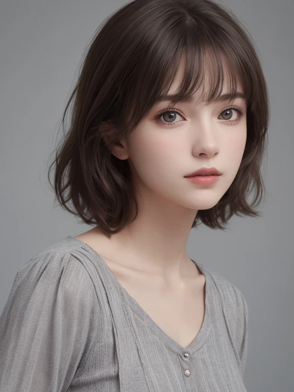 (masterpiece、highest quality、photorealistic、High resolution、photograph、:1.3)、close up shot、sharp focus、30 year old mature woman、small face、no makeup、Detailed beautiful eyes、bangs、dark brown hair、short cut hair、(realistic skin)、beautiful skin、charming、超High resolution、Super realistic、High definition、Camisa branca aberta,middlebre、small breasts、bust B cup、small breasts、cool beauty、Gray background、