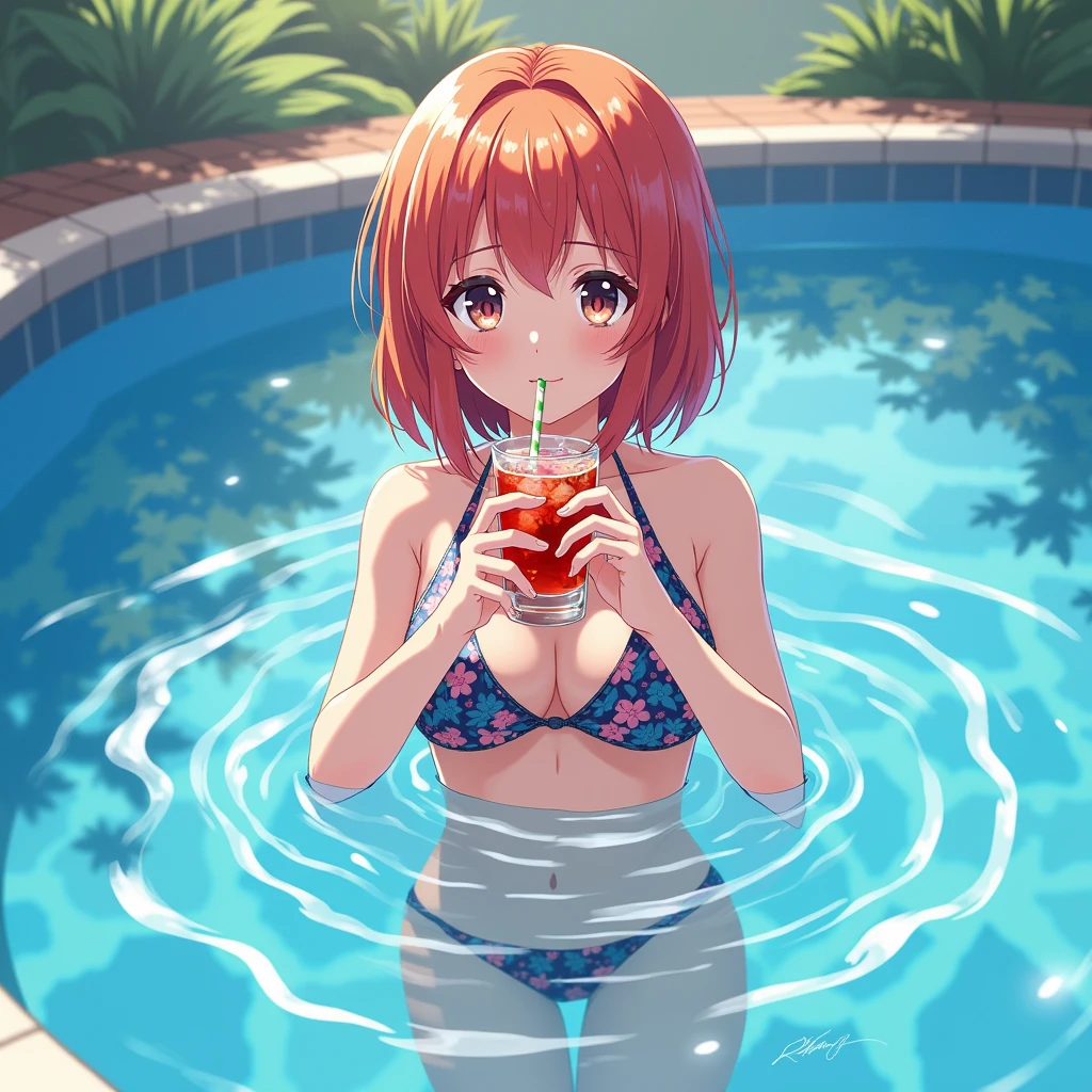 Stunning
Girl should take up most of the background, it should almost completely occupy it
Anime in a pool with a drink
