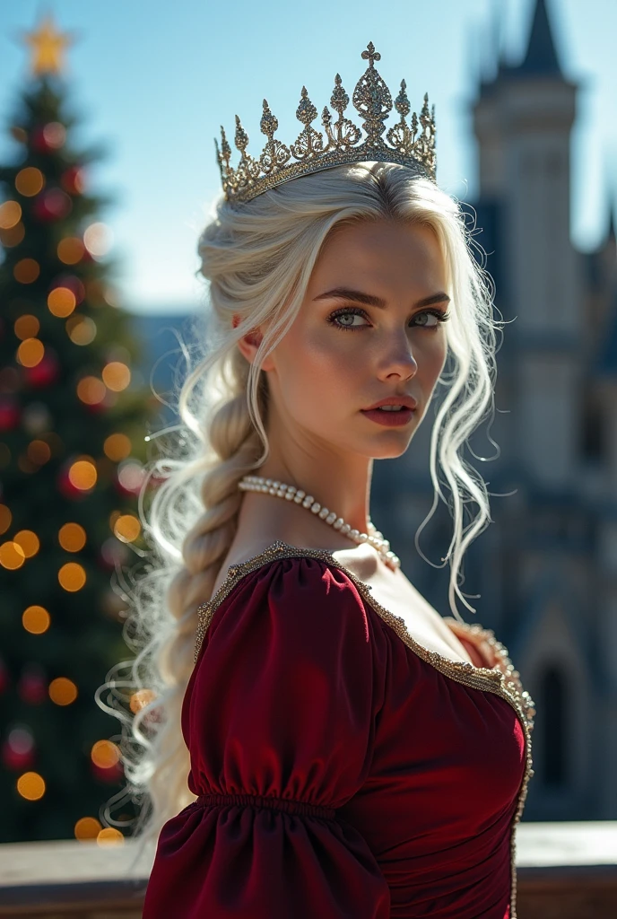 Close up. A beautiful woman, pale skin, fine feature, sharp gaze, long hair, white haired, messy braid, show forehead, queen silver crown, pearl necklace, Victorian fashion, tied top, corset, long sleeves, dark red clothes. Outdoors, sky, sunlight, gothic castle balcony, Christmas tree, gothic architecture. ((Masterpiece, Best Quality, Highest Image Quality, High Resolution, Photorealism, RAW Photos, 8k)),