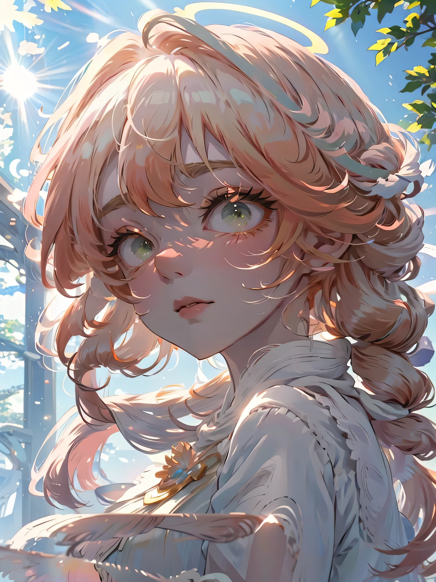 (high quality) (best quality) (a woman) (correct physiognomy) (perfect students) (perfect eyes) anime woman, long fluffy deep orange hair, green eyes, sensitive lips, feminine appearance, soft facial features, eyebrows thin, soft skin, rosy cheeks, pink lips, silky eyelashes, dreamy expression, Orange hair, middle age, in the middle of nature, cute anime animation style, photo illuminated by sunlight,