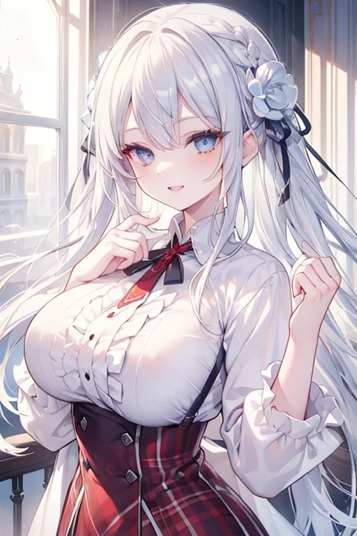 (masterpiece, best quality),  intricate details, 
1girl, silver hair, blue eyes,  light silver hair, white hair tips, 
Big breasts, smiling, opened mouth, wear white shirt, long Sleeve shirt,  Red checkered shirt, Park background