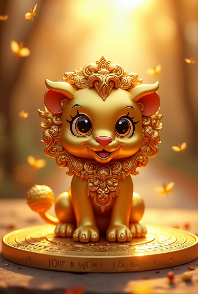 Golden statue of a cute little golden lion, gold color, Golden character.dourado ouro de desenho animado na gold color brilhante no centro da moeda frontal, The golden statue of the cute one must be golden , write the number 004 , write in currency 005