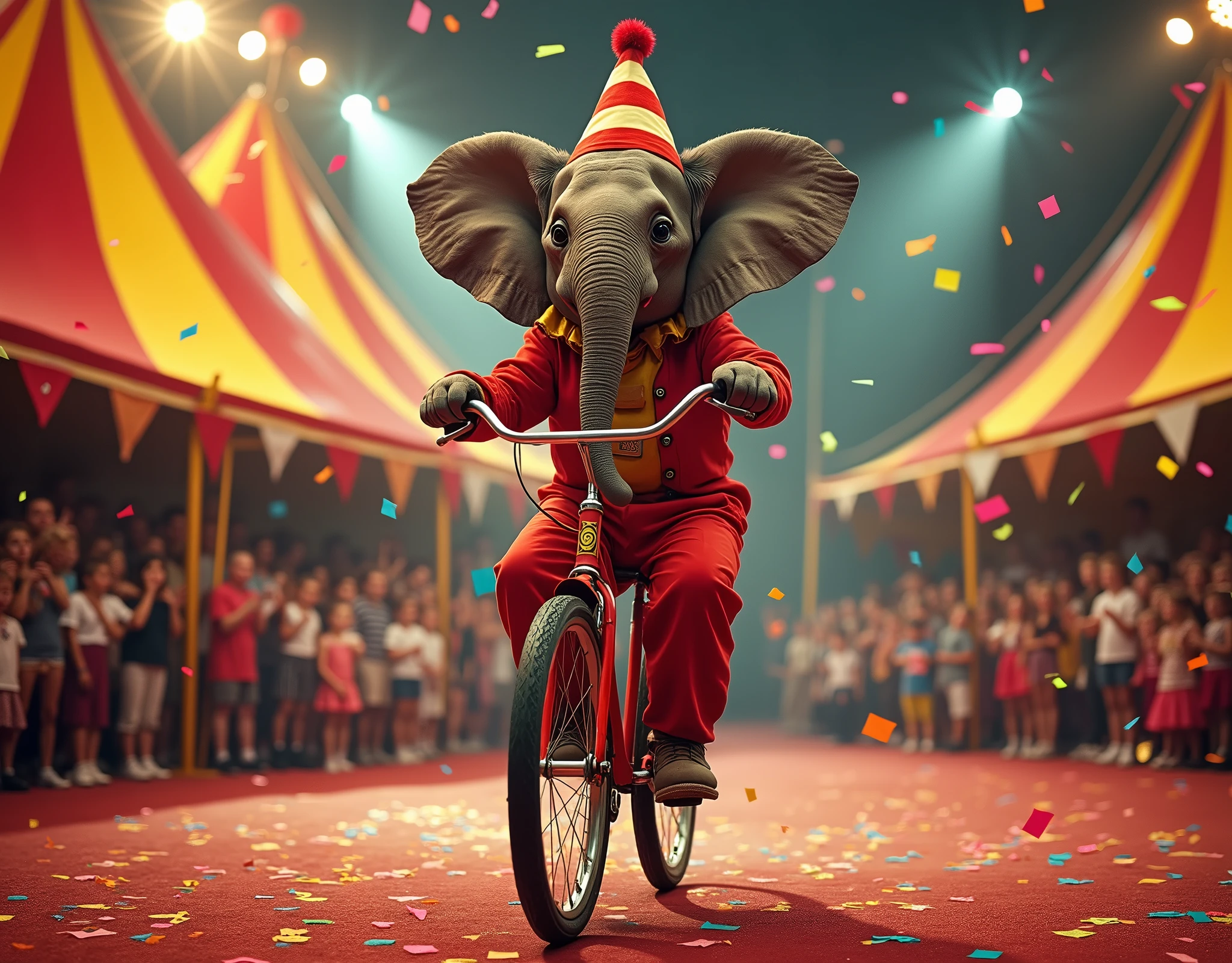 circus scenery, elephant Riding a old style Bicycle, wearing clown costume ,spot lighting, audience in circus tent background,
Confetti is falling