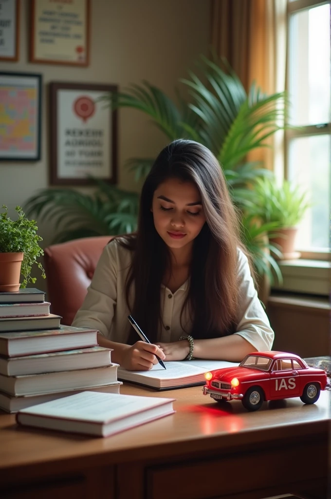 Make an image of a very beautyful girl IAS aspirant SYTUDYING FOR EXAM. SHE IS SITTING ON A CHAIR AND THERE IS A TABLE ON WHICH MANY BOOKS ARE KEPT SYSTEMATICALLY. THERE IS A TOY CAR OF IAS WITH RED LIGHTS