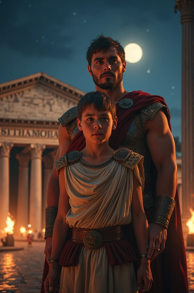 A boy of 17 years in Roman attire with a man of 28 years in background the pantheon of Rome night time